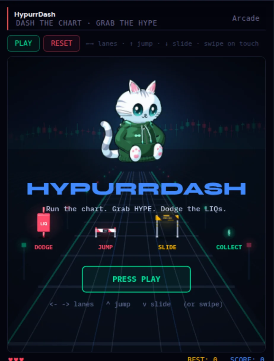 HypurrDash title screen with the Hypurr cat