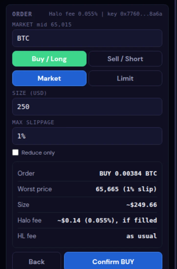 Halo Trade review step showing the order, worst price and a Halo fee of about 14 cents